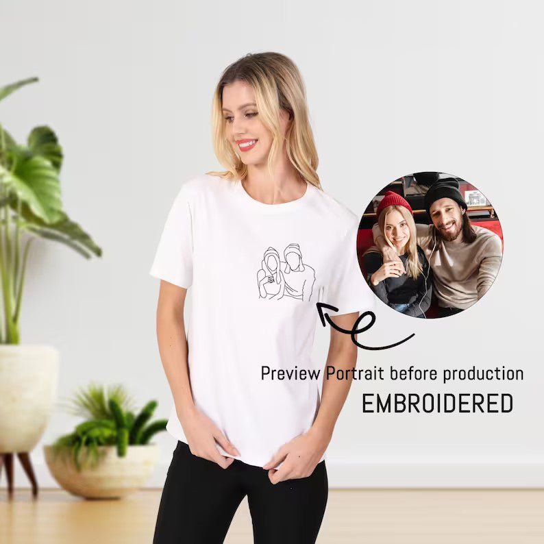 Custom portrait Embroidered photo T-shirt, outline photo Personalized text T shirt