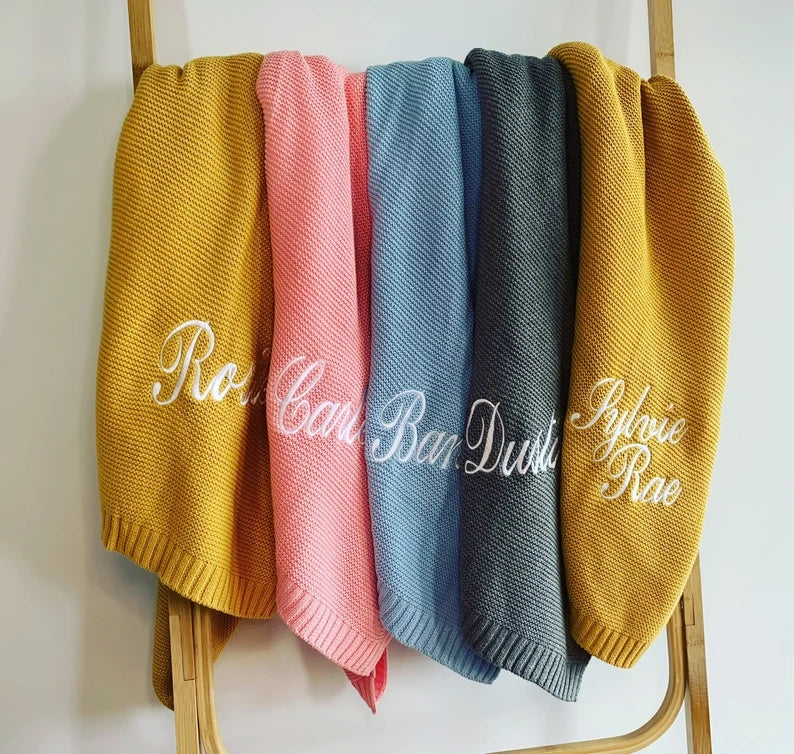 custom Embroidered Personalised Soft Baby Blanket, Cotton Knitted Stroller Bassinet Gift Baby Keepsake
