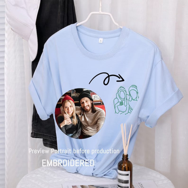 Custom portrait Embroidered photo T-shirt, outline photo Personalized text T shirt