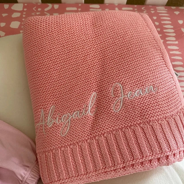 custom Embroidered Personalised Soft Baby Blanket, Cotton Knitted Stroller Bassinet Gift Baby Keepsake