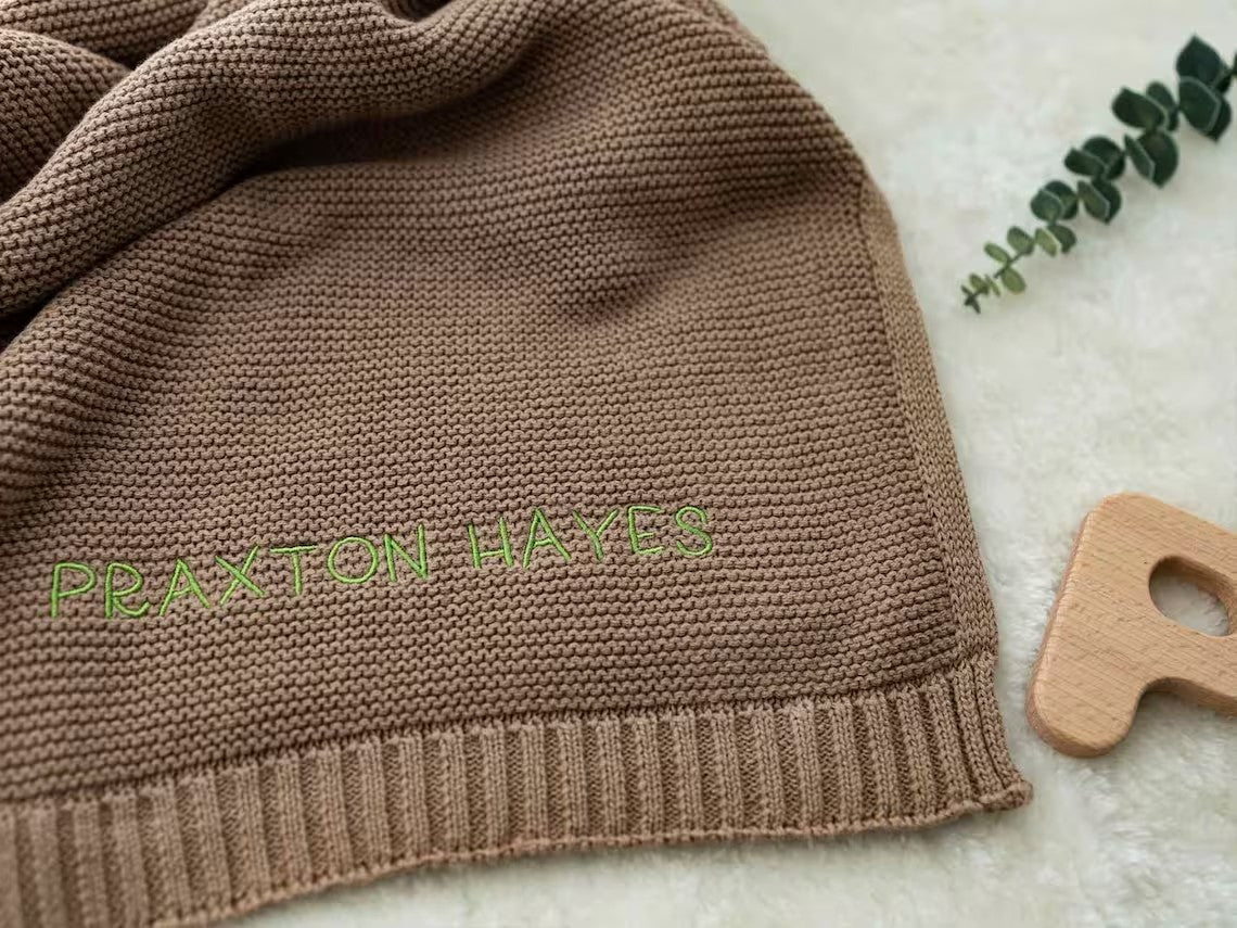 custom Embroidered Personalised Soft Baby Blanket, Cotton Knitted Stroller Bassinet Gift Baby Keepsake