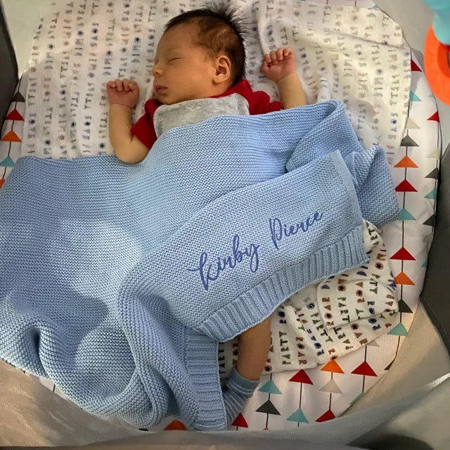 custom Embroidered Personalised Soft Baby Blanket, Cotton Knitted Stroller Bassinet Gift Baby Keepsake