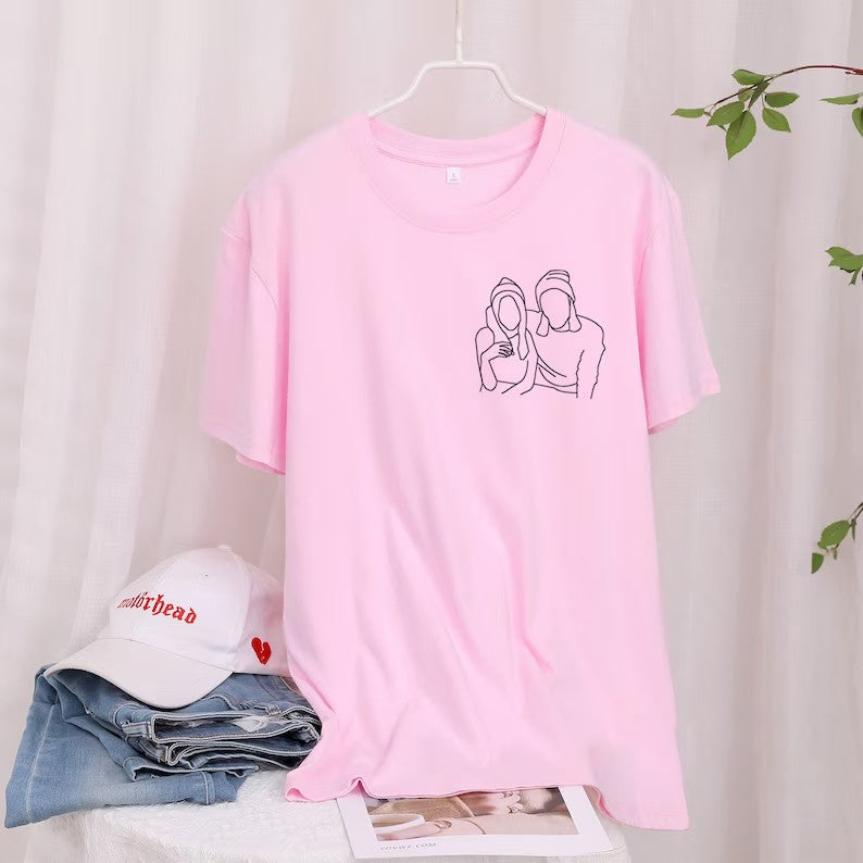 Custom portrait Embroidered photo T-shirt, outline photo  Personalized text T shirt